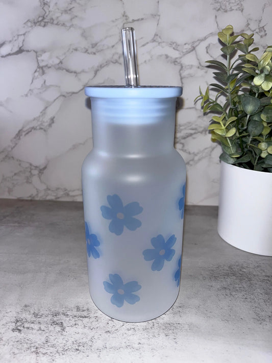 Baby Blue Flowers Glass Cup Season Uplifts by K