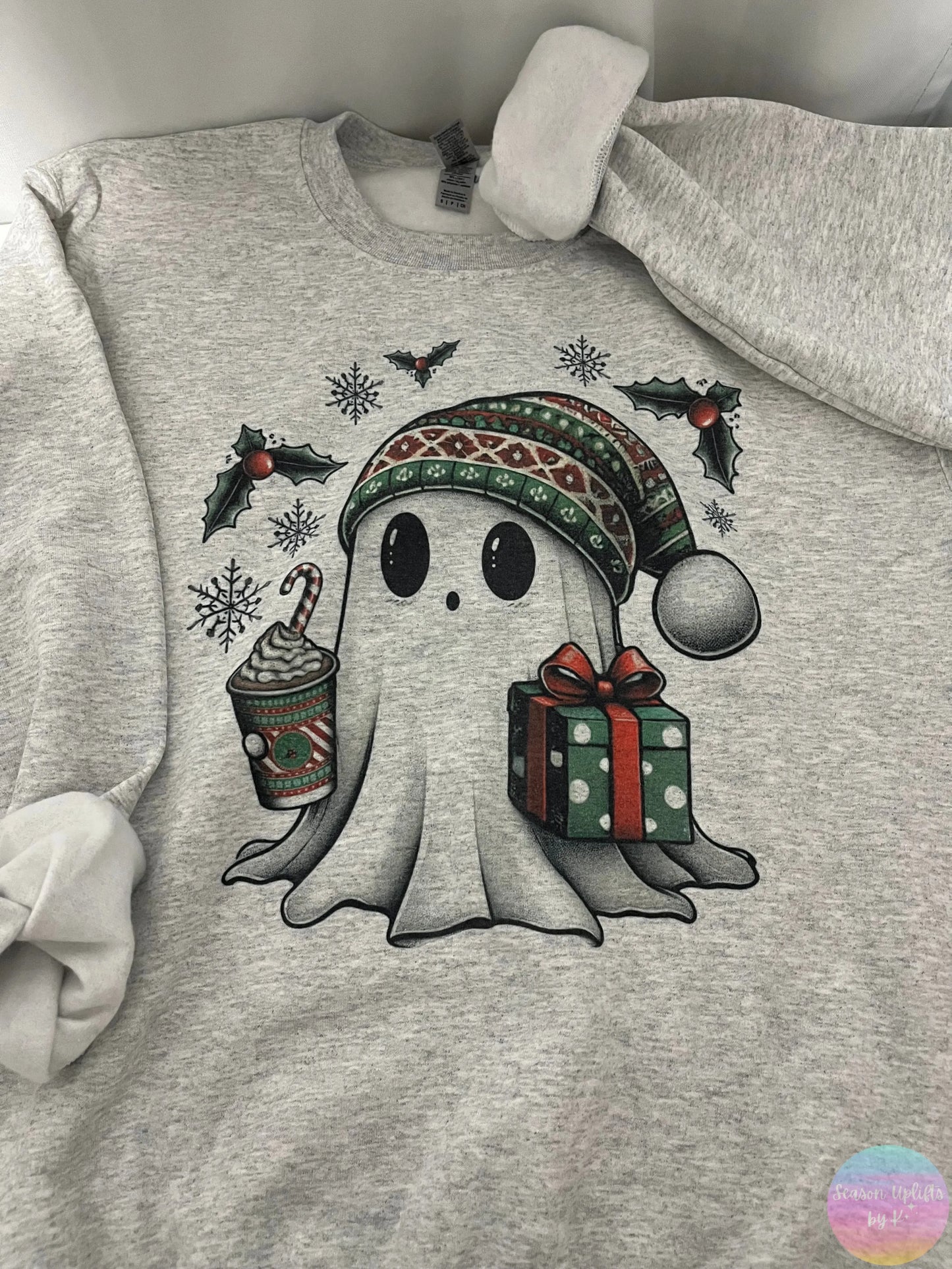 Cute Christmas Ghosty Ash Grey Crewneck Sweatshirt Season Uplifts by K