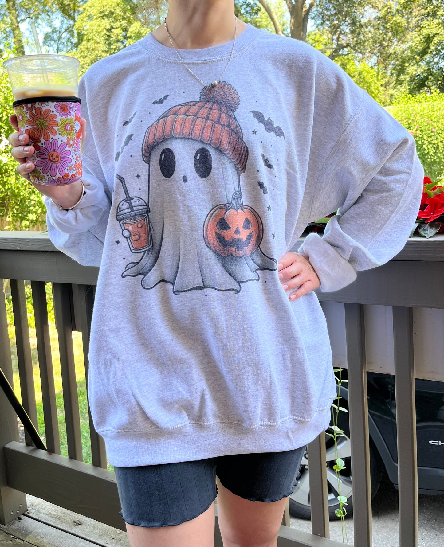 Cute Halloween Ghosty Ash Grey Crewneck Sweatshirt Season Uplifts by K