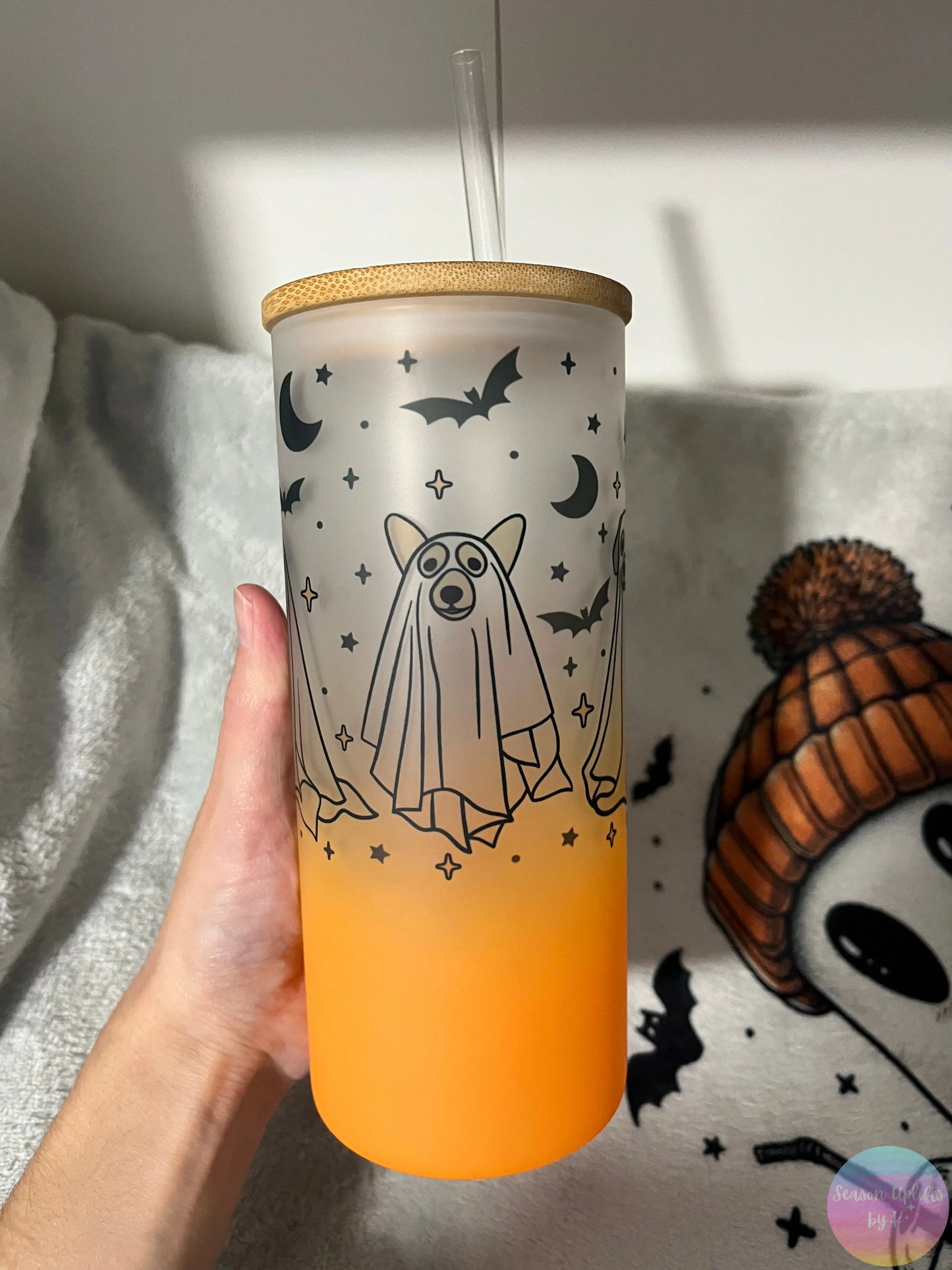 Ghost Dogs Orange Ombré Frosted Glass Cup Season Uplifts by K