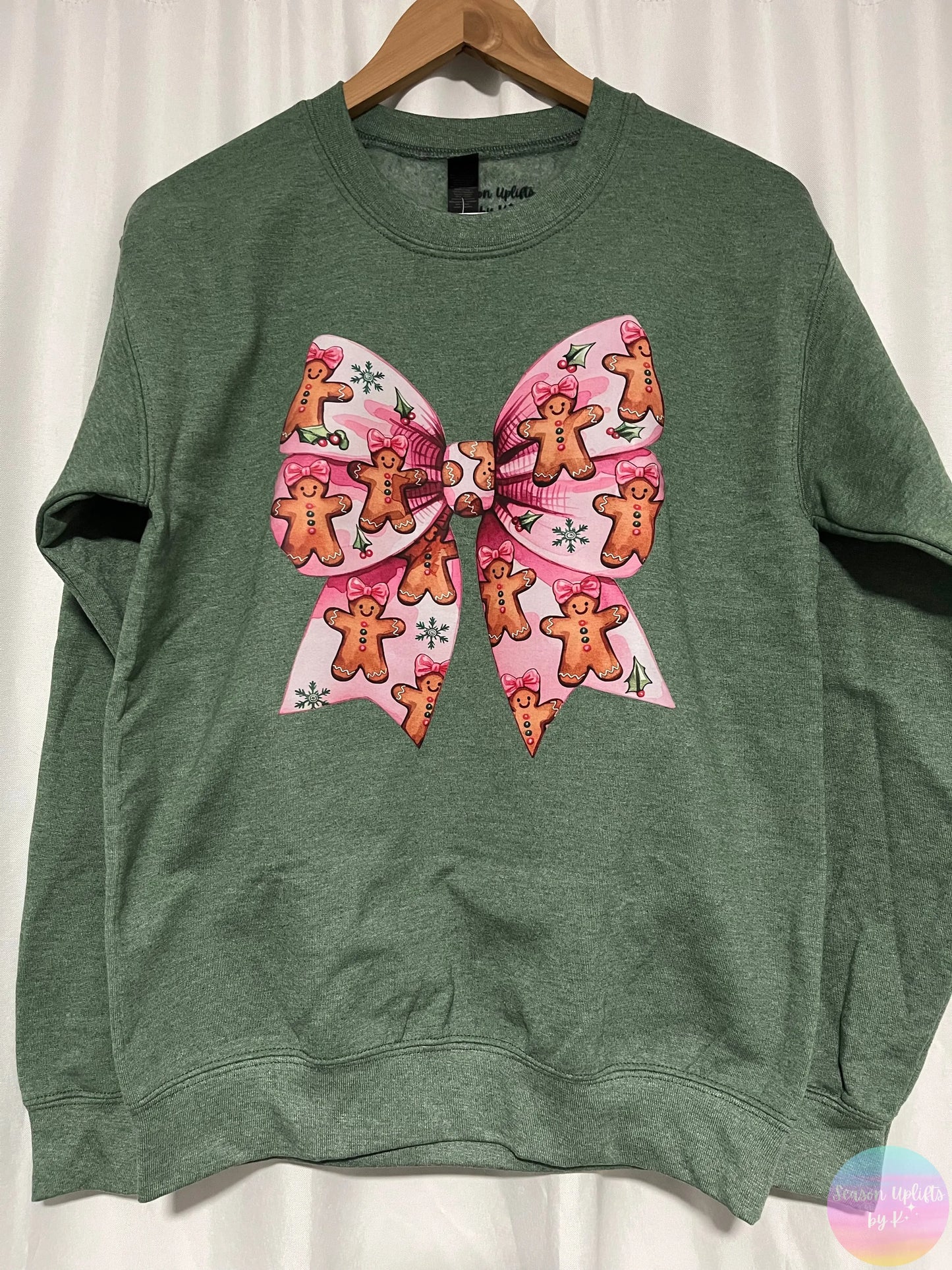 Gingerbread Pink Bow Heather Green Crewneck Sweatshirt Season Uplifts by K