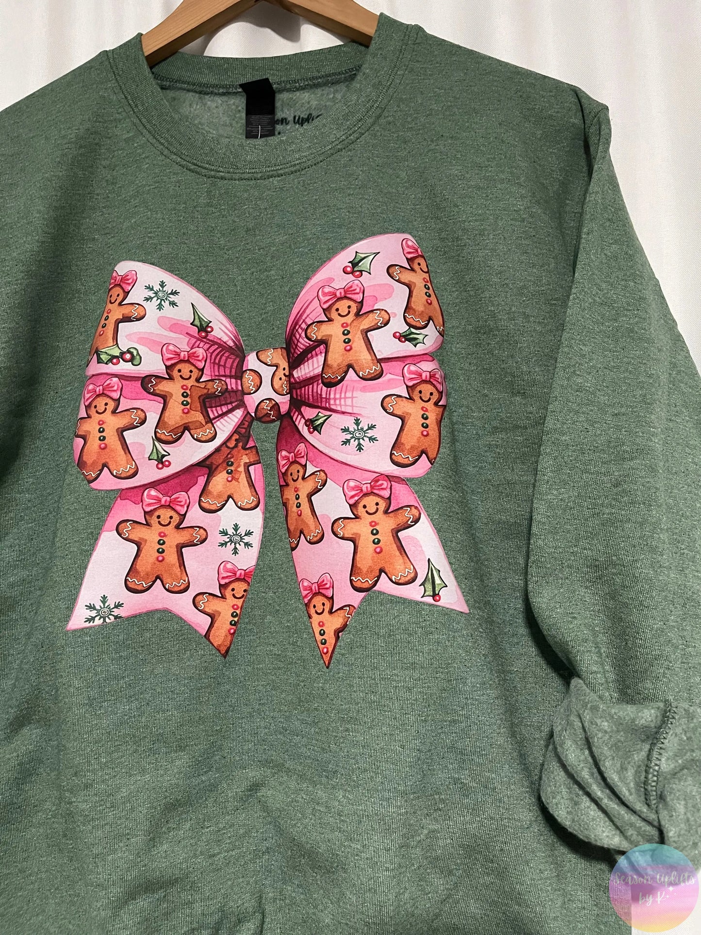 Gingerbread Pink Bow Heather Green Crewneck Sweatshirt Season Uplifts by K