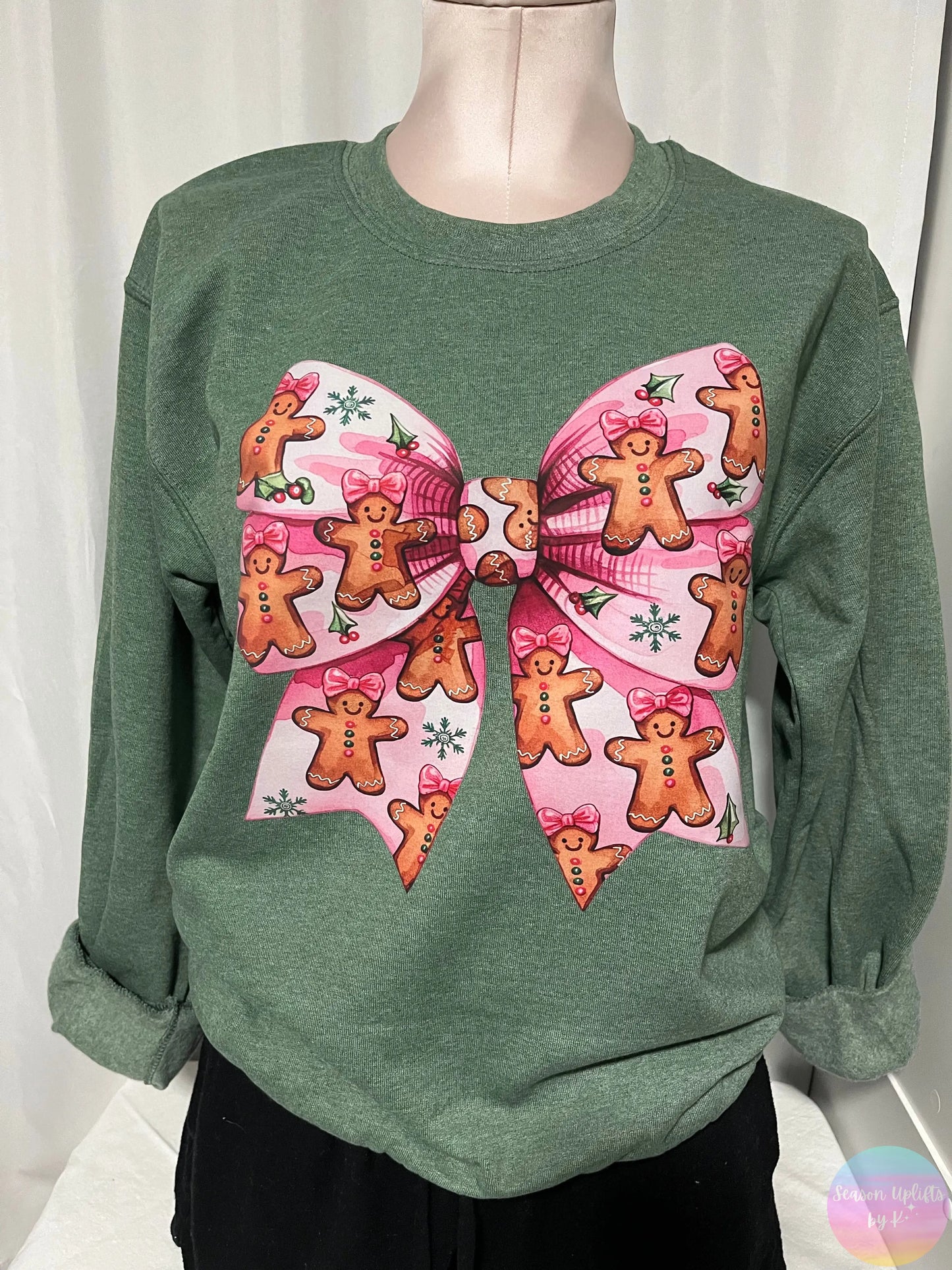 Gingerbread Pink Bow Heather Green Crewneck Sweatshirt Season Uplifts by K