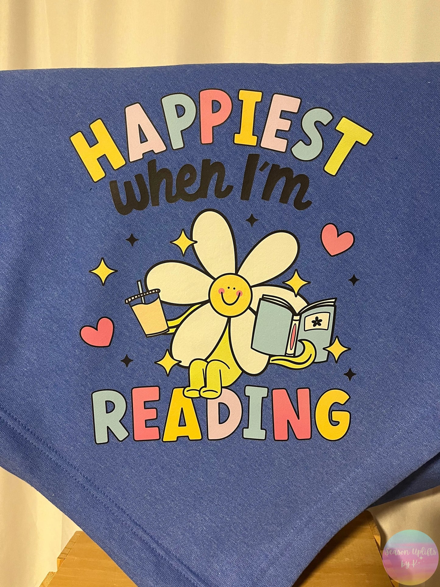 Happiest When I'm Reading Royal Blue Fleece Sweatshirt Blanket Season Uplifts by K