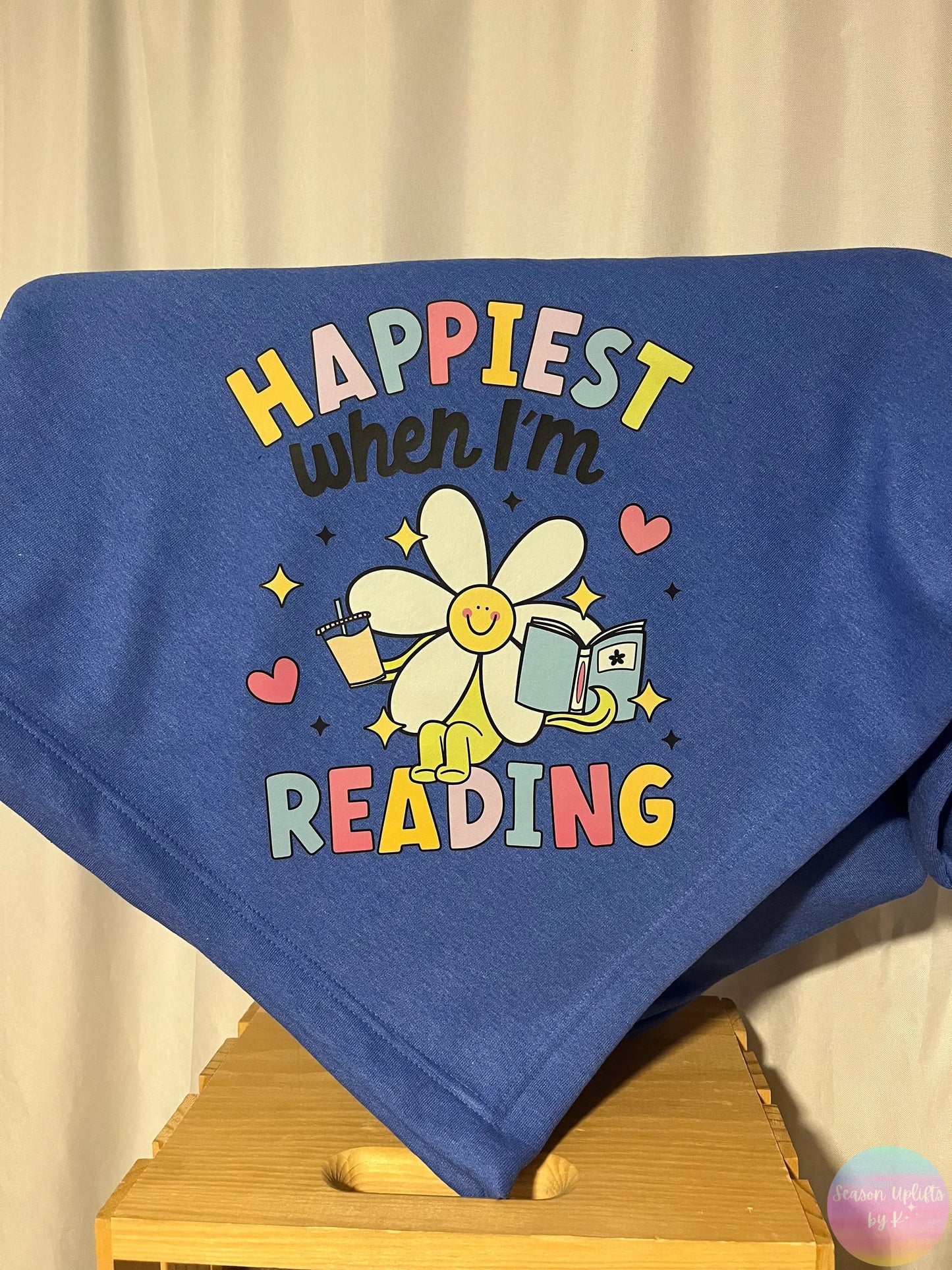 Happiest When I'm Reading Royal Blue Fleece Sweatshirt Blanket Season Uplifts by K