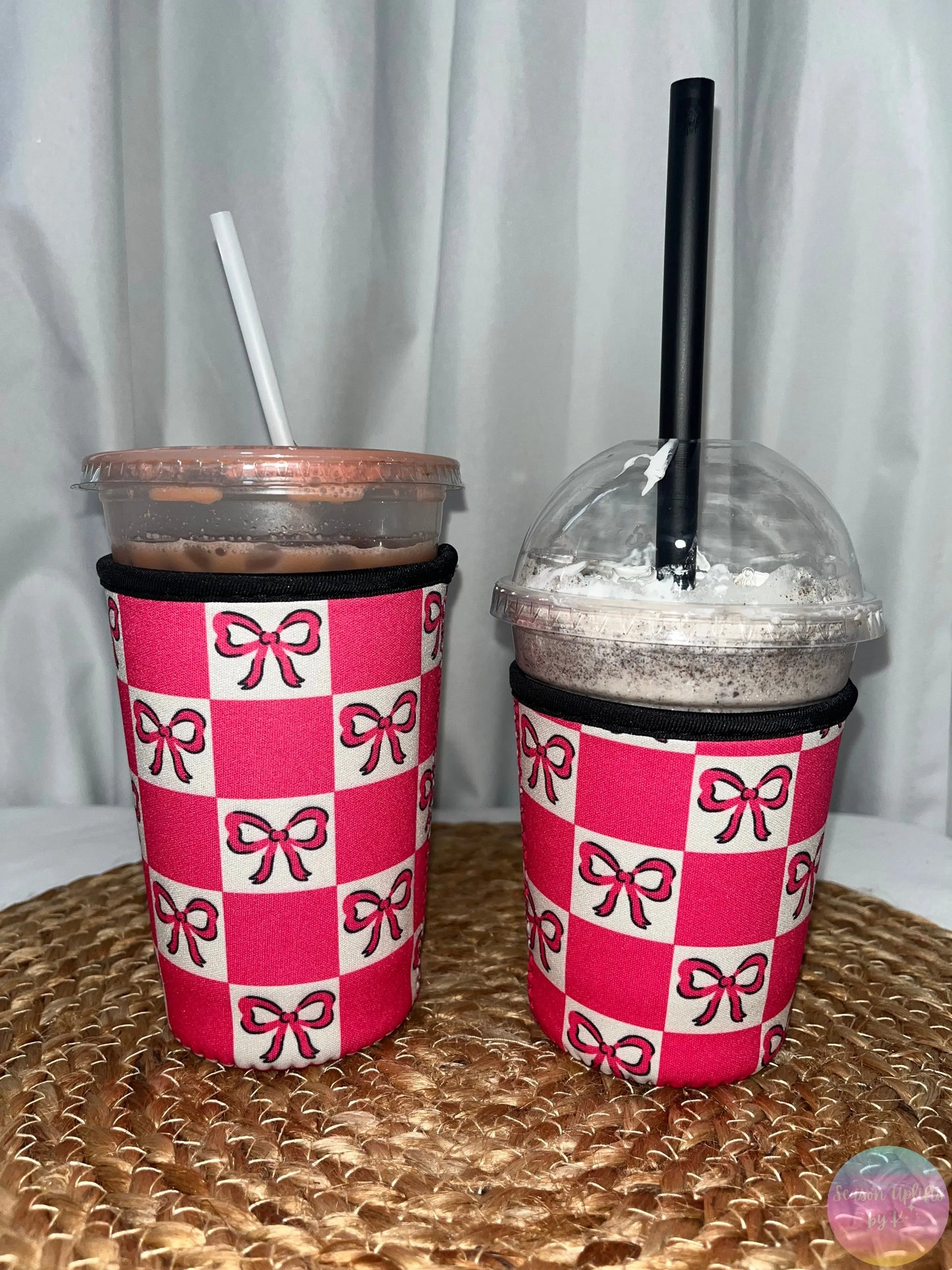 Pink Bow Checkers Coffee Sleeves Season Uplifts by K