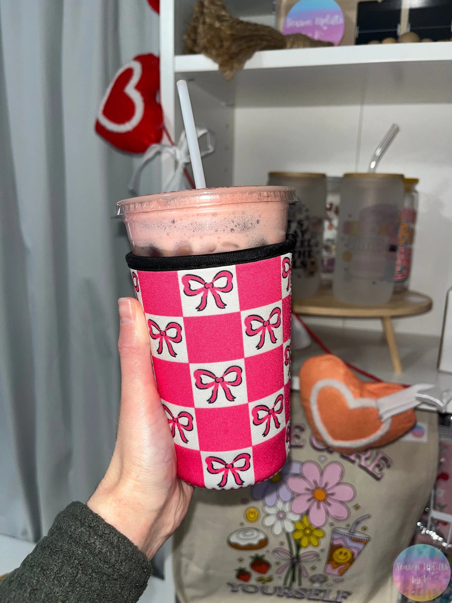 Pink Bow Checkers Coffee Sleeves Season Uplifts by K