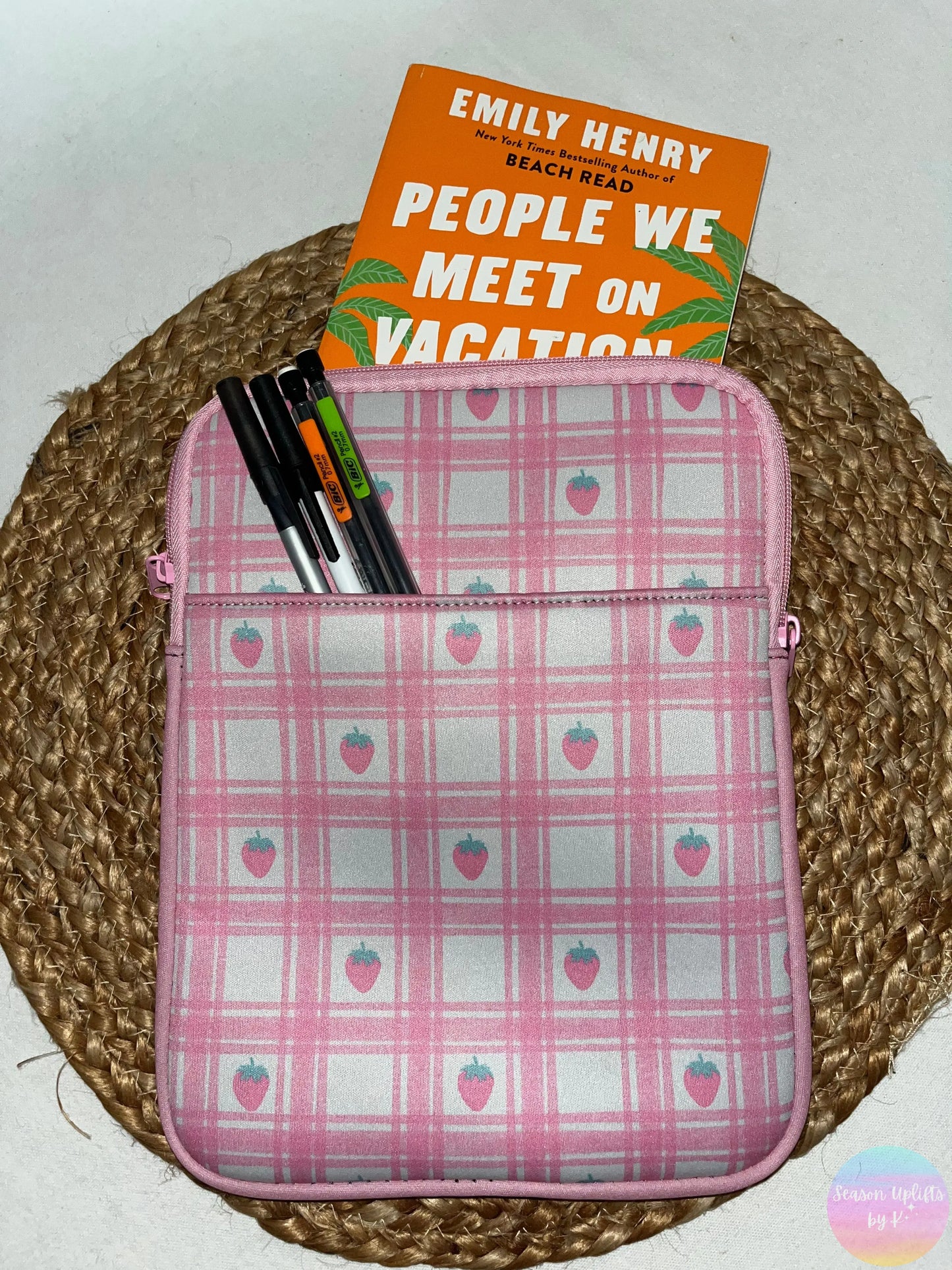 Pink Plaid Strawberries Kindle / Book Sleeve Season Uplifts by K