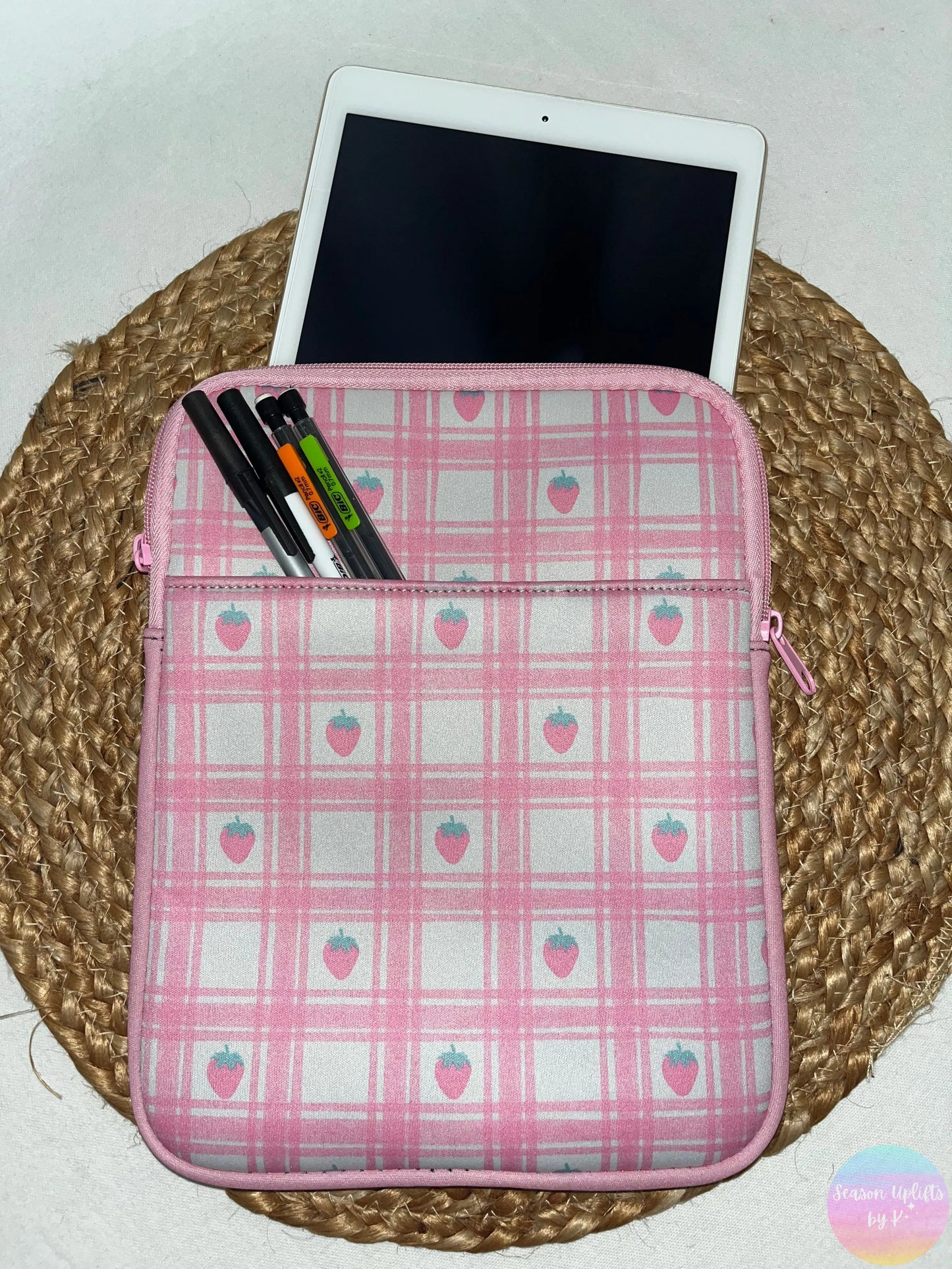 Pink Plaid Strawberries Kindle / Book Sleeve Season Uplifts by K