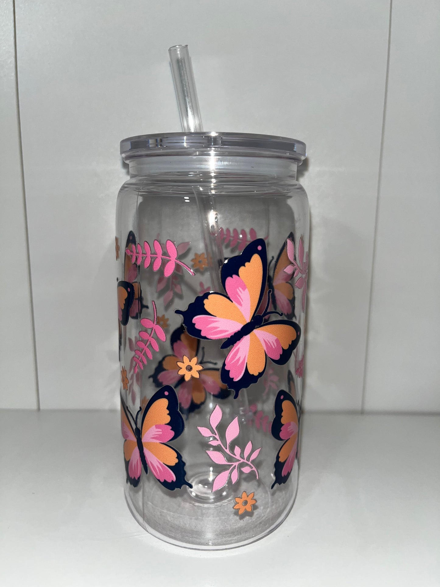 Pink & Orange Butterflies 16oz Acrylic Cup