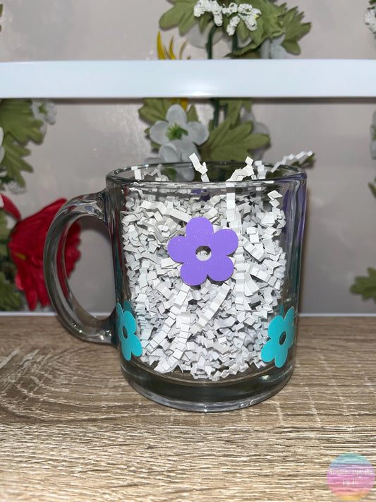Purple & Blue Flowers Glass Mug Season Uplifts by K