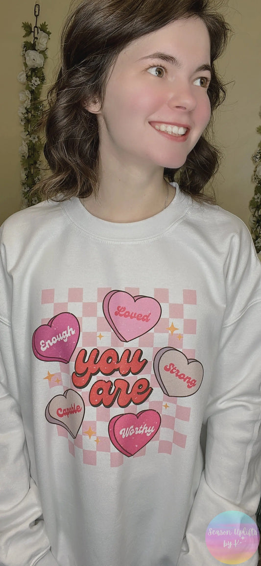 Adult Uplifting Candy Hearts Crewneck Sweatshirt Season Uplifts by K