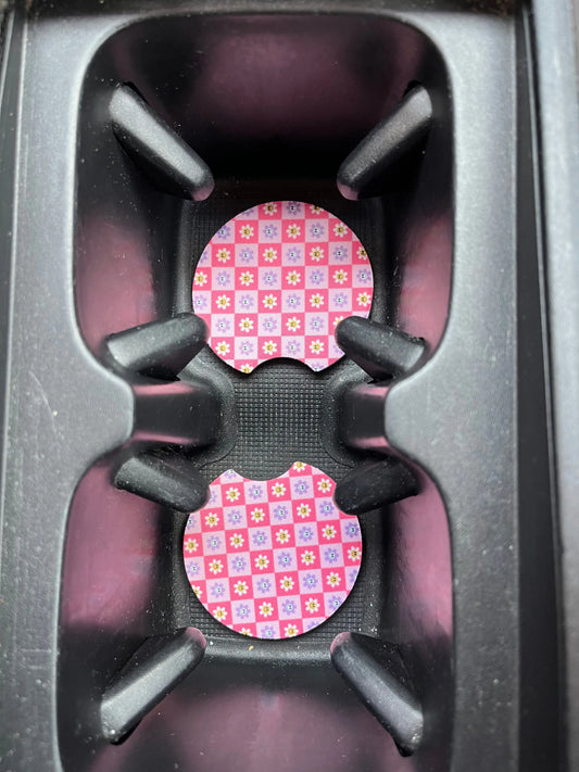 Checkered Flower Smiley Car Coaster Set Season Uplifts by K