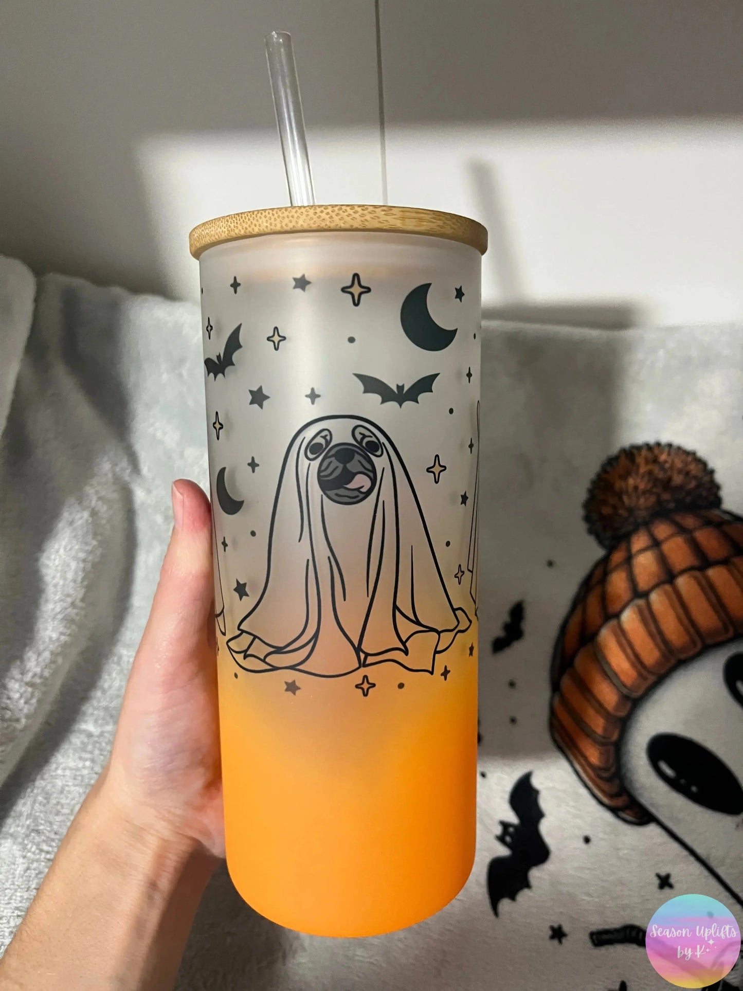 Chloe’s Custom Dog Ghost Plain Frosted Glass Cup Season Uplifts by K