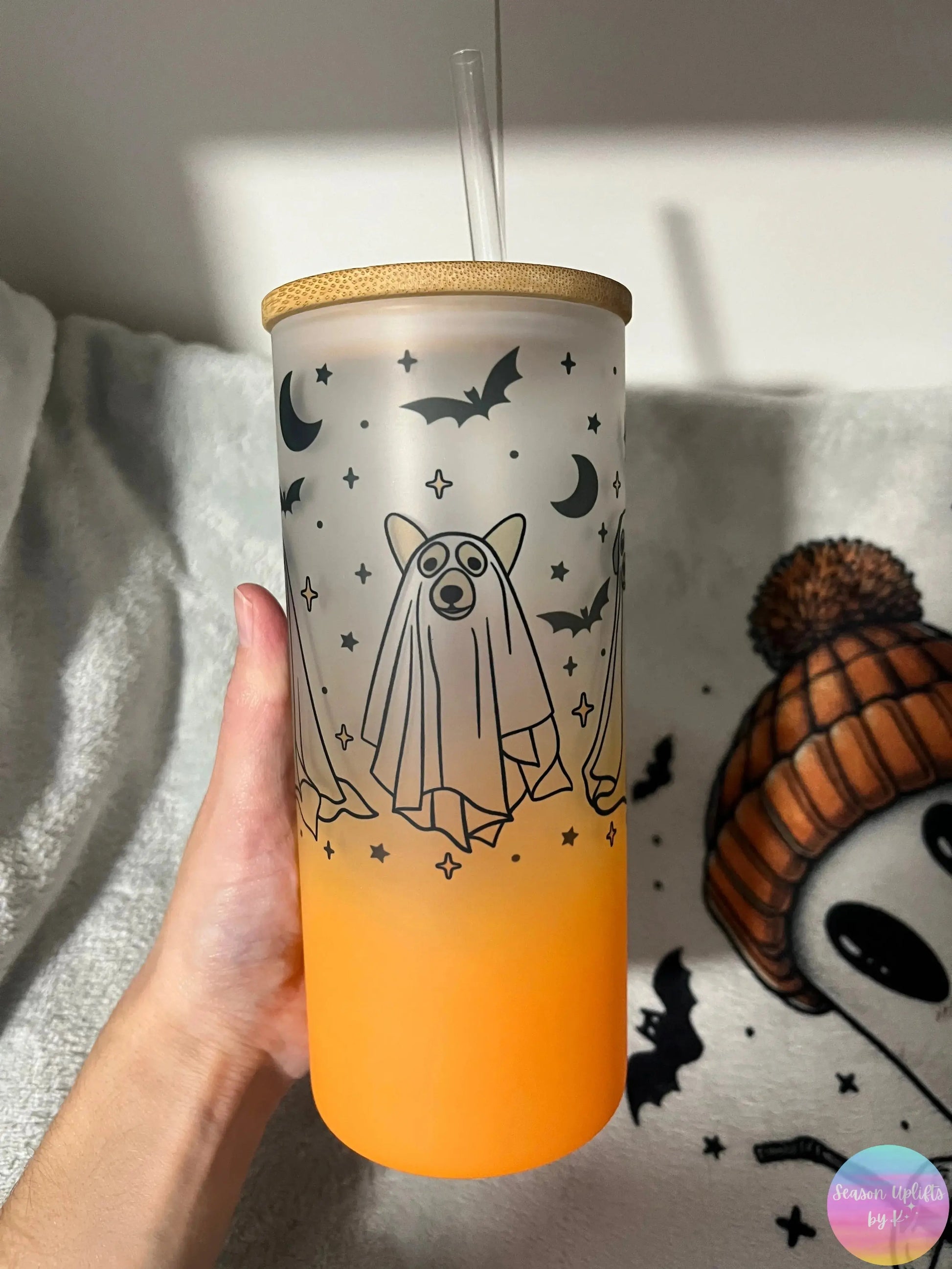 Chloe’s Custom Dog Ghost Plain Frosted Glass Cup Season Uplifts by K