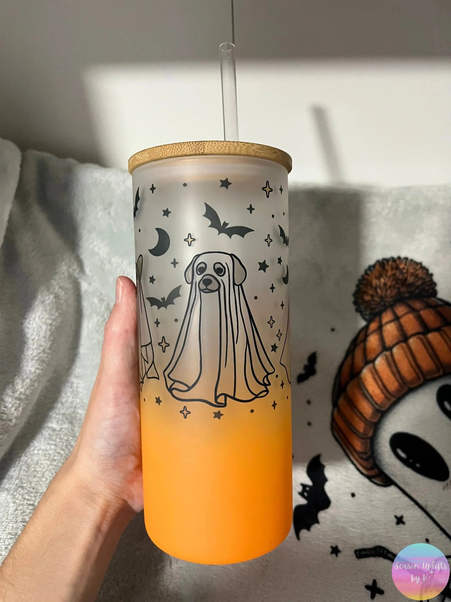 Chloe’s Custom Dog Ghost Plain Frosted Glass Cup Season Uplifts by K