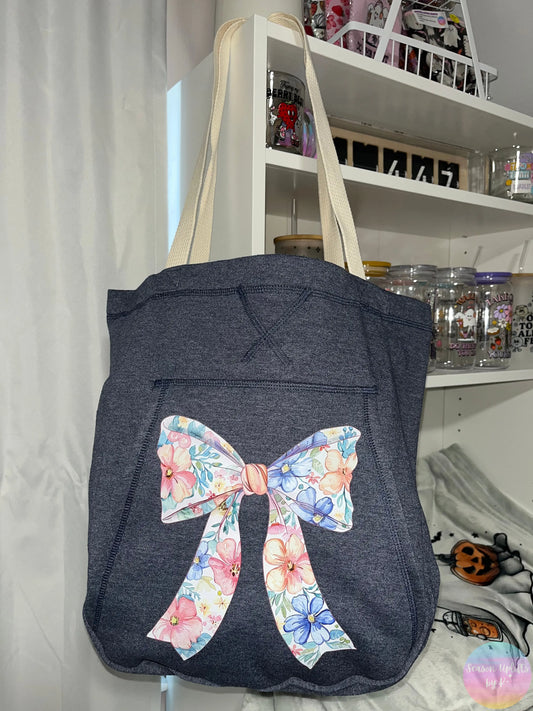 Floral Bow Heather Navy Blue Sweatshirt Tote Bag Season Uplifts by K