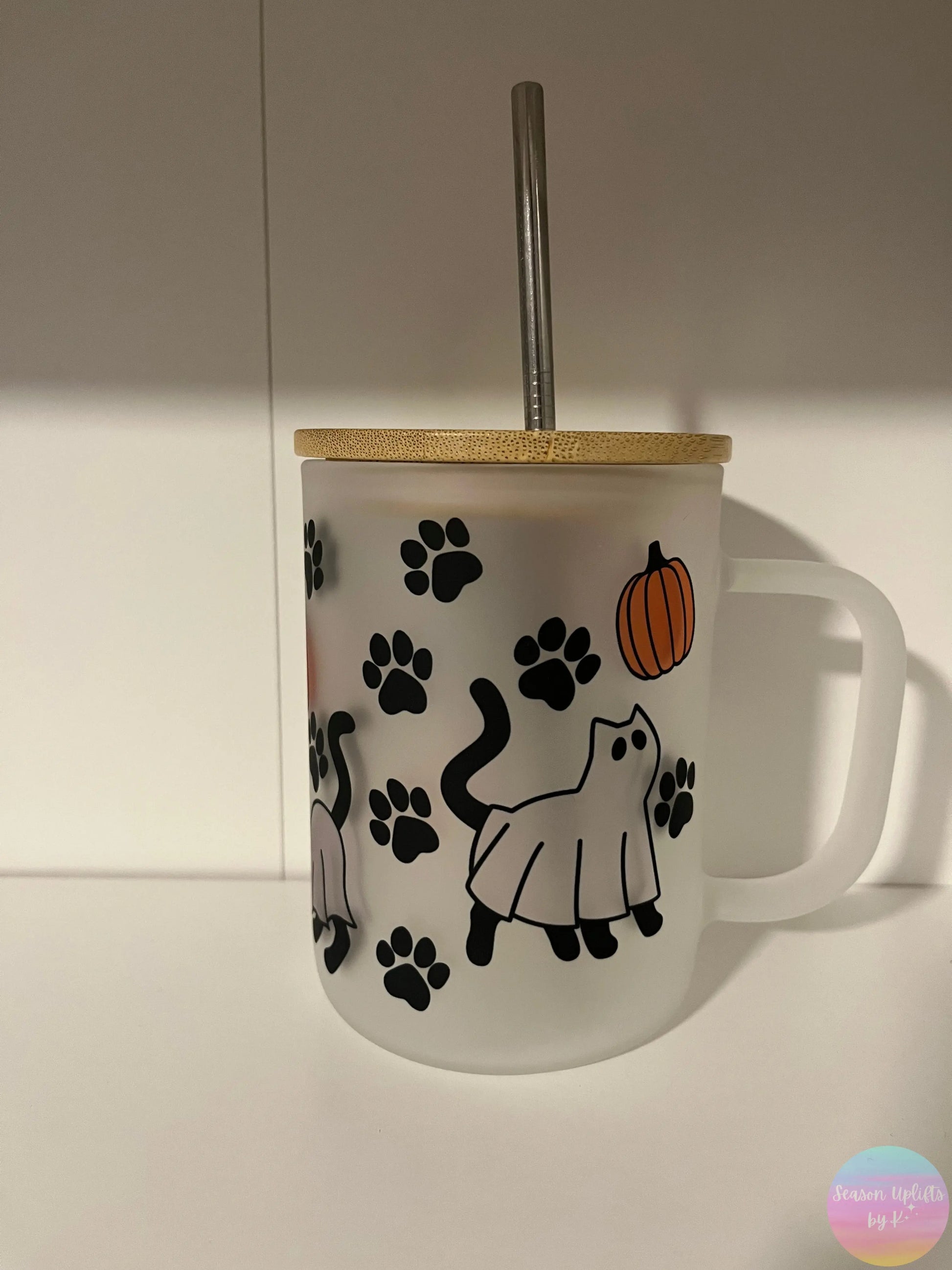 Ghost Cats Frosted Glass Mug Season Uplifts by K