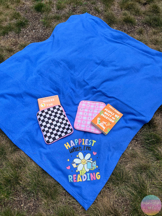 Happiest When I'm Reading Royal Blue Fleece Sweatshirt Blanket Season Uplifts by K
