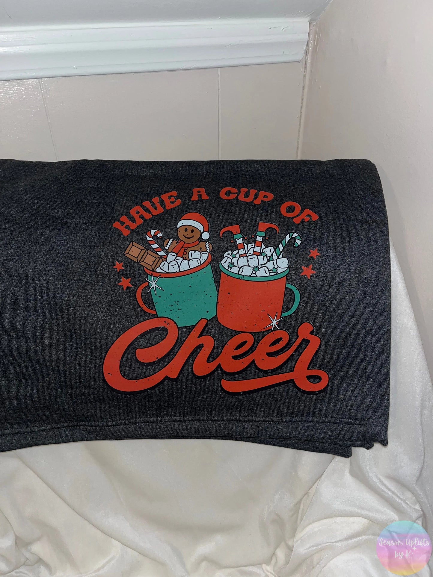 “Have a Cup of Cheer” Christmas Sweatshirt Blanket - Dark Heather Gray Season Uplifts by K