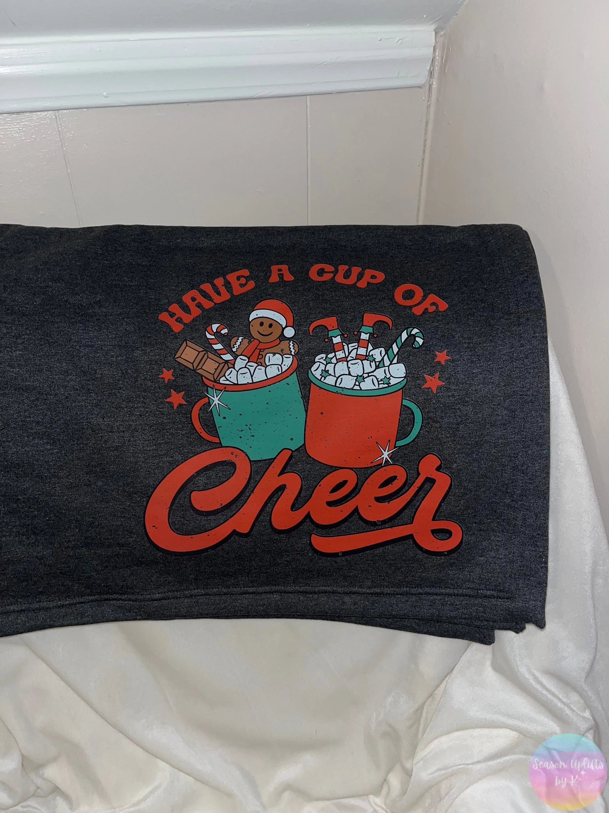 “Have a Cup of Cheer” Christmas Sweatshirt Blanket - Dark Heather Gray Season Uplifts by K