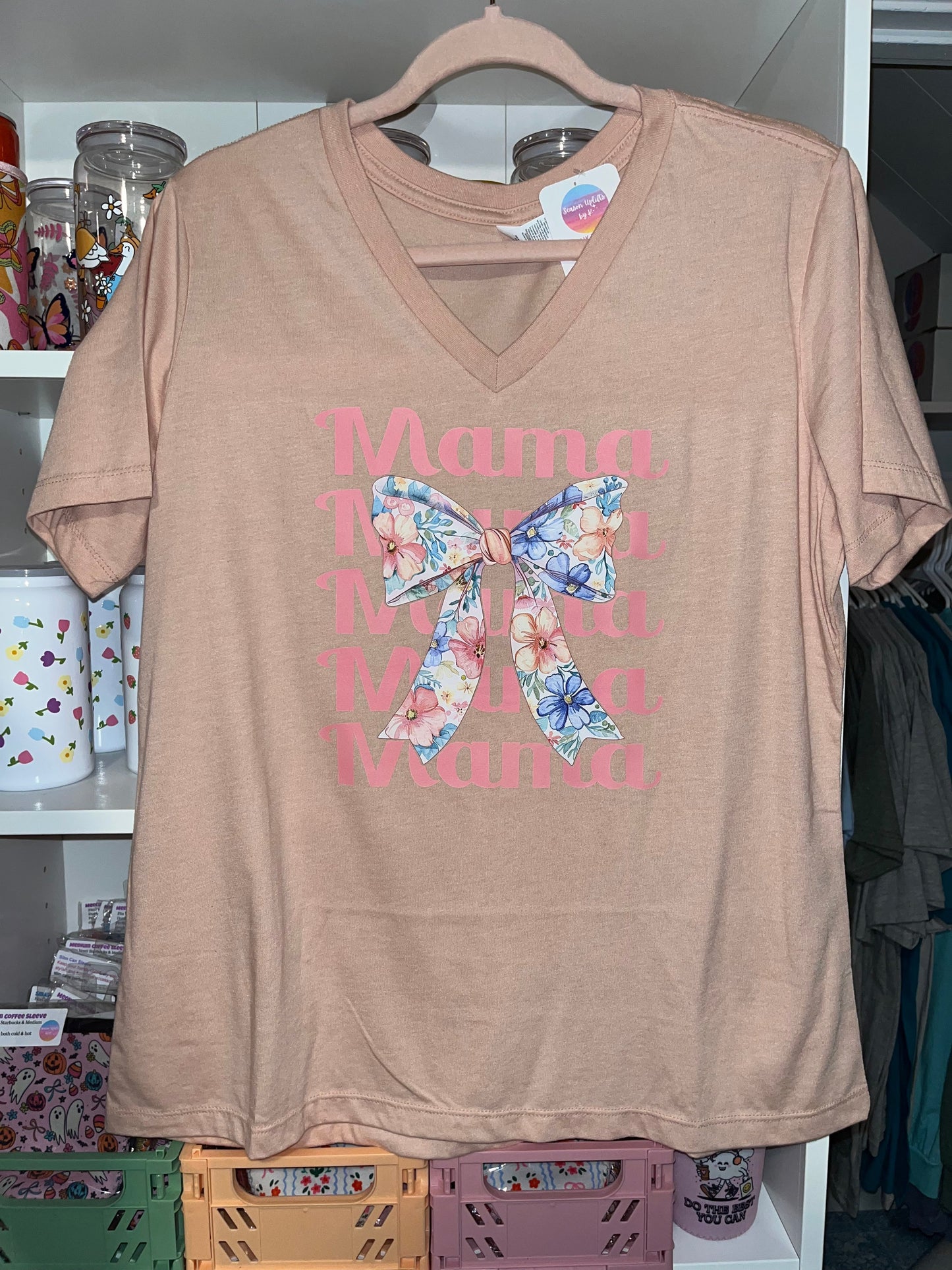 Mama Floral Bow Heather Peach V-Neck T-shirt Size Large