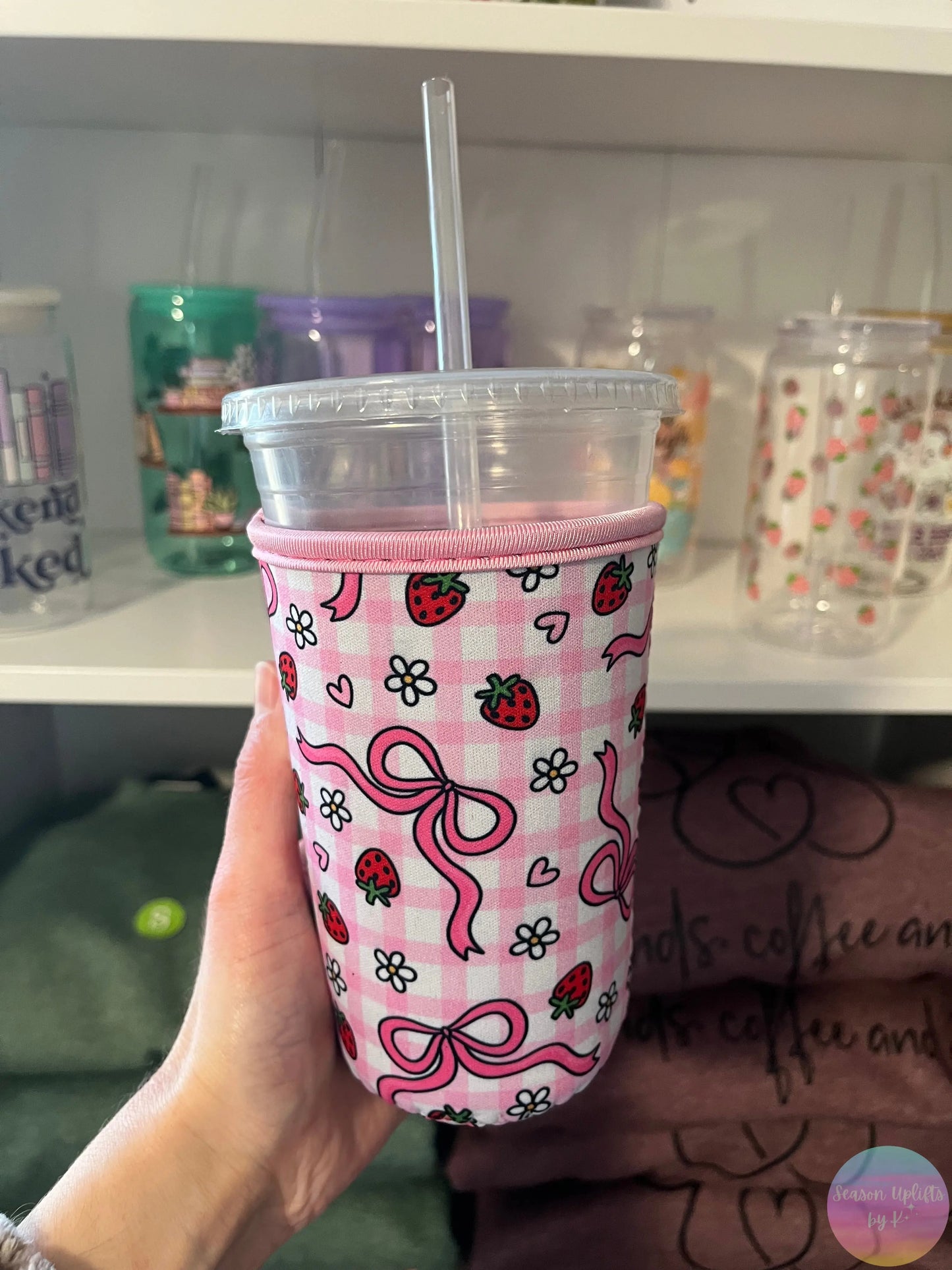Pink Strawberry Bow Drink Sleeve Season Uplifts by K