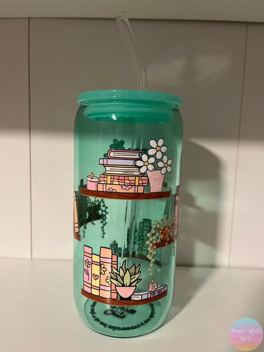 Plants & Books Teal Glass Cup 16oz Season Uplifts by K