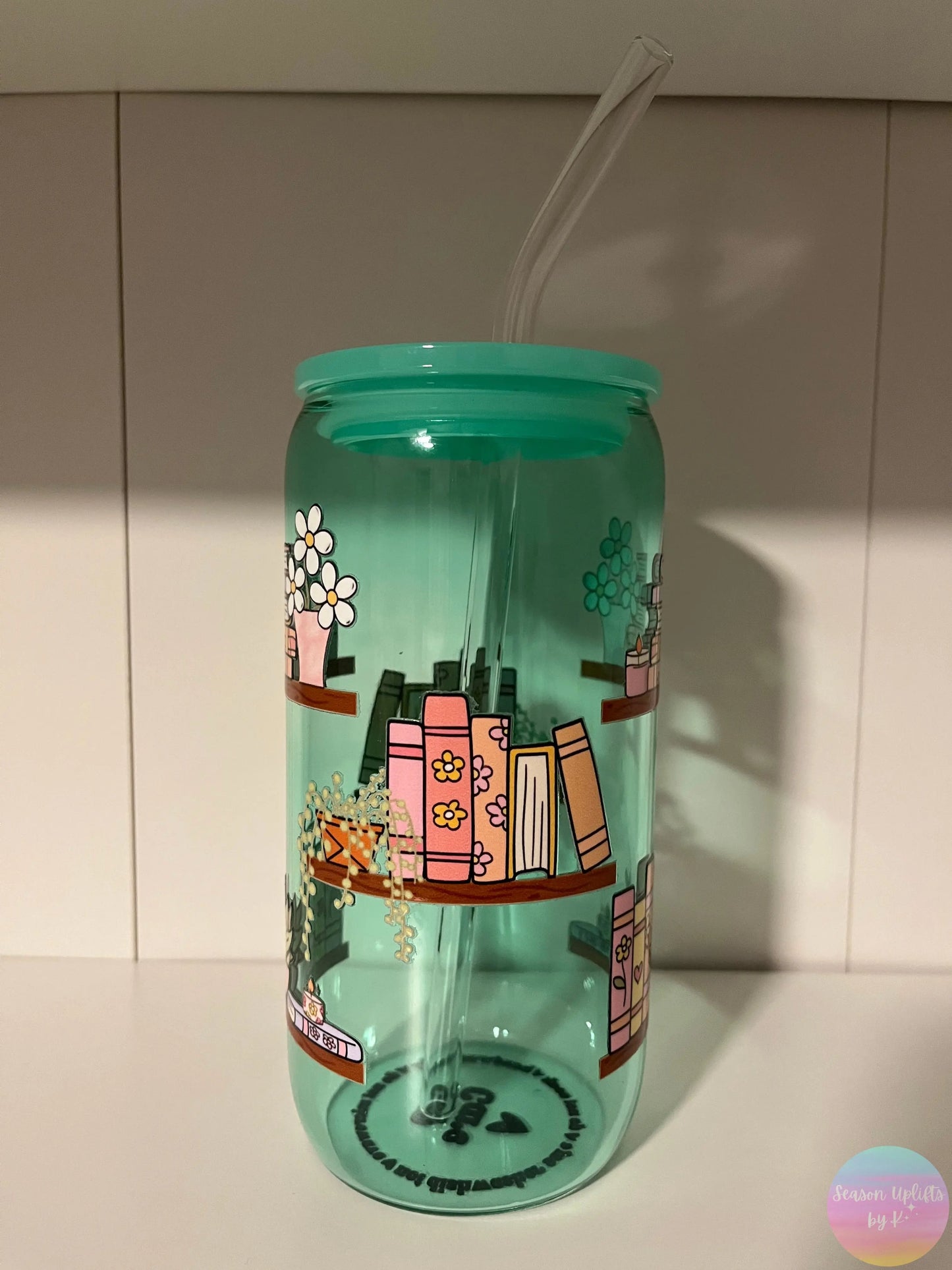 Plants & Books Teal Glass Cup 16oz Season Uplifts by K